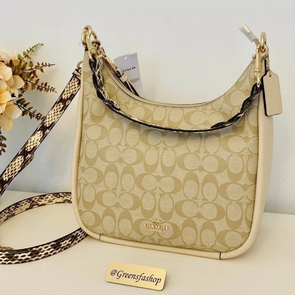 COACH Jules Hobo Pebble & Snake-Embossed Leather Bag Light Khaki/Ivory C9191